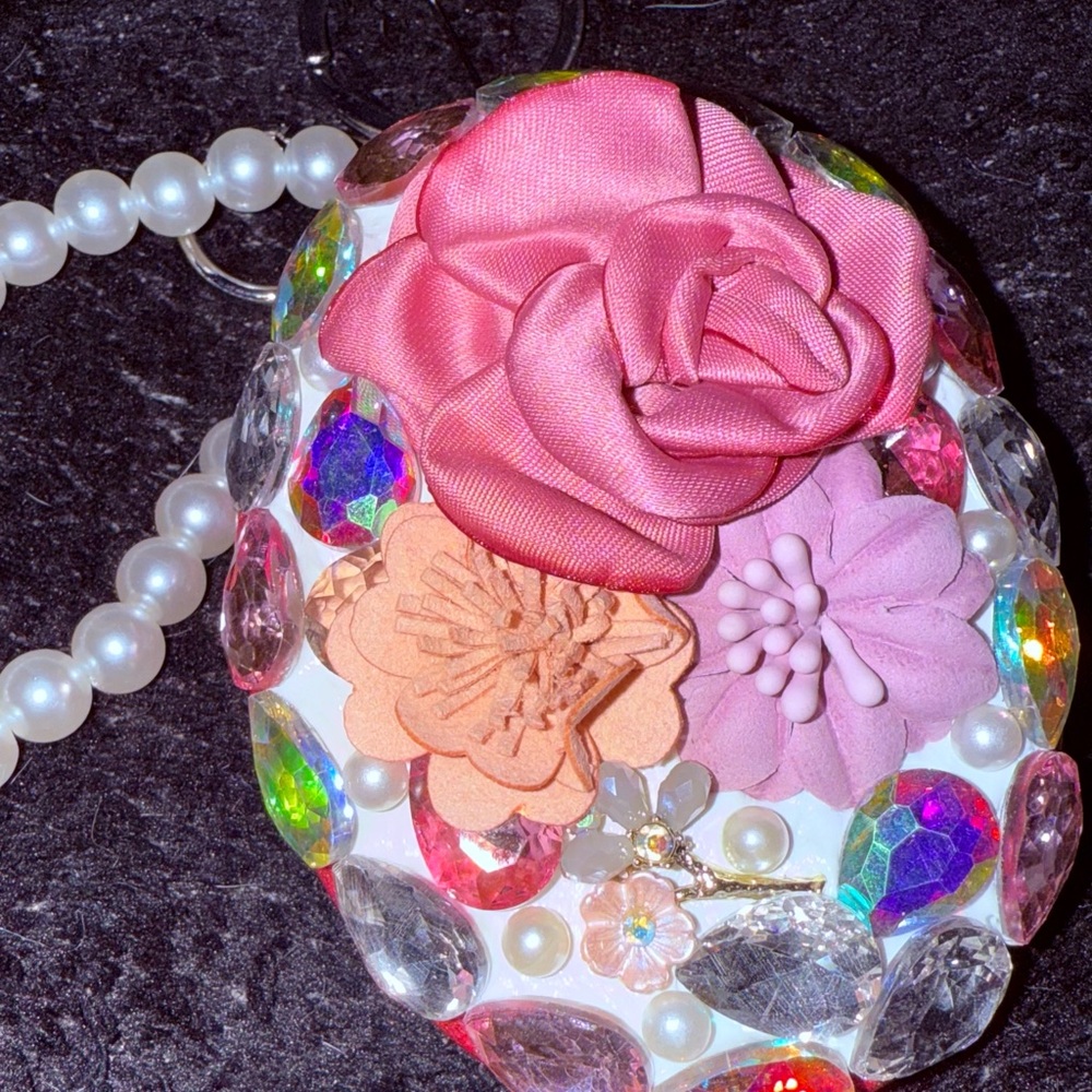 Beautiful Floral Beaded Keychain / Handbag Mirror Charm with Pink Accents